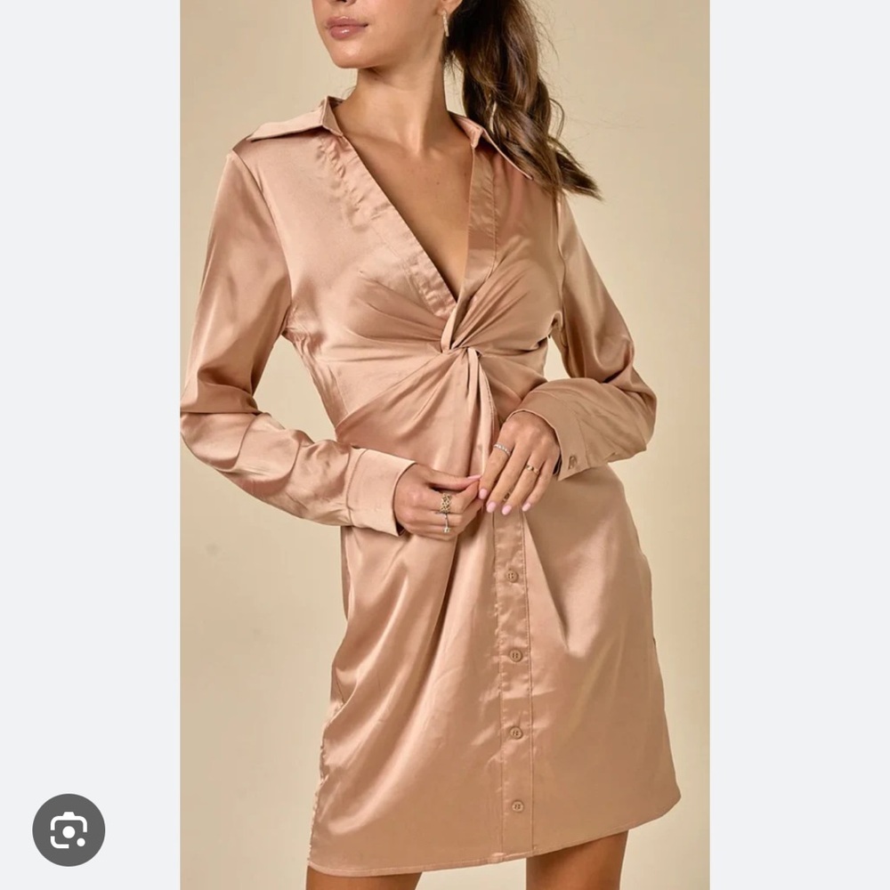 Papermoon Satin Long Sleeve Dress in Tan